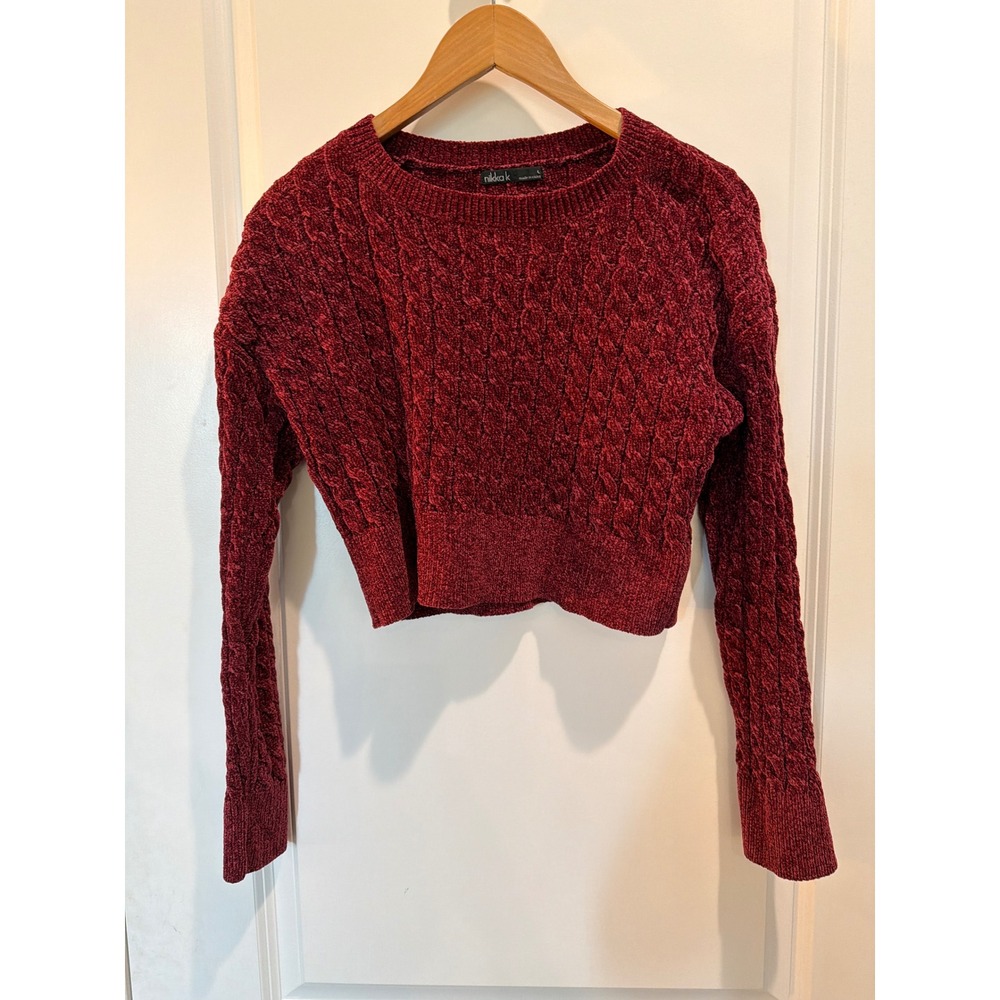 Nikka K Burgundy Chenille Cable Knit Cropped Sweater Womens Large Wine Red